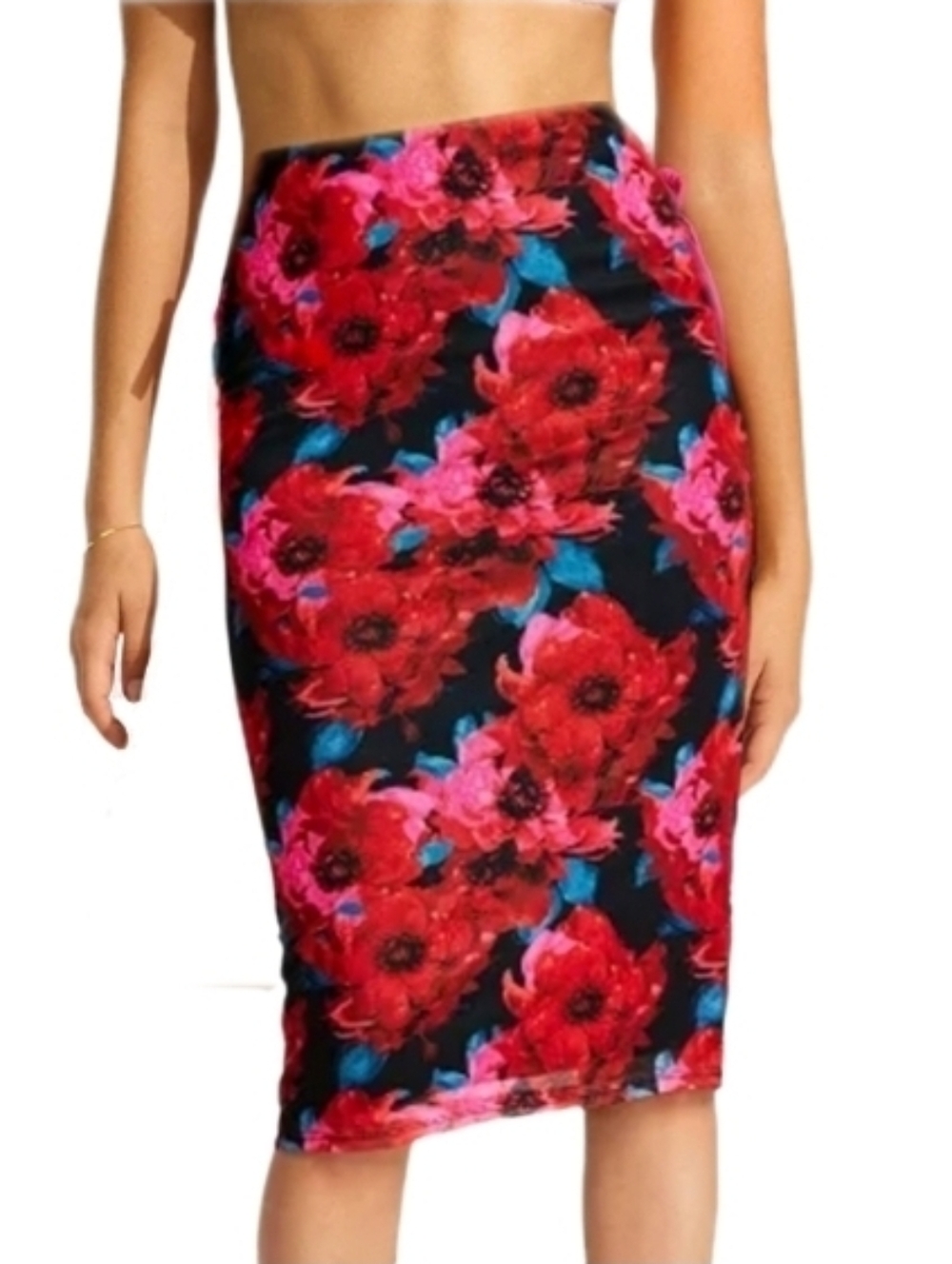 BAR lll Floral Mesh Midi Slip Skirt Red Size S